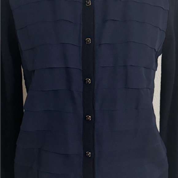 J. CREW Navy Blue Cardigan Sweater 100% Merino Wool Silk Ruffles‎ Buttons Size M - Picture 5 of 6